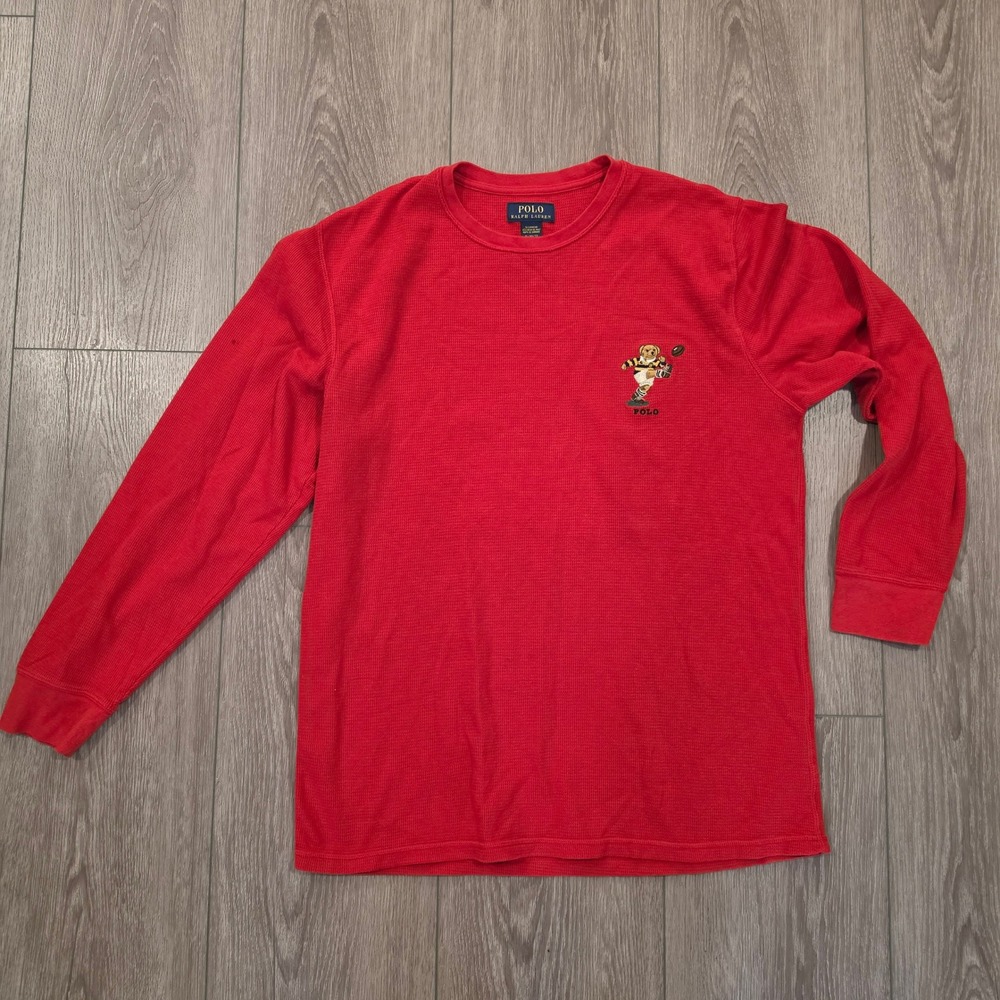 Polo Ralph Lauren Red Waffle Knit Thermal Long Sleeve Polo Bear Rugby Shirt XL